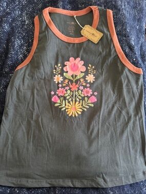 NATURAL LIFE Olive Green Floral Tank with Rust Trim